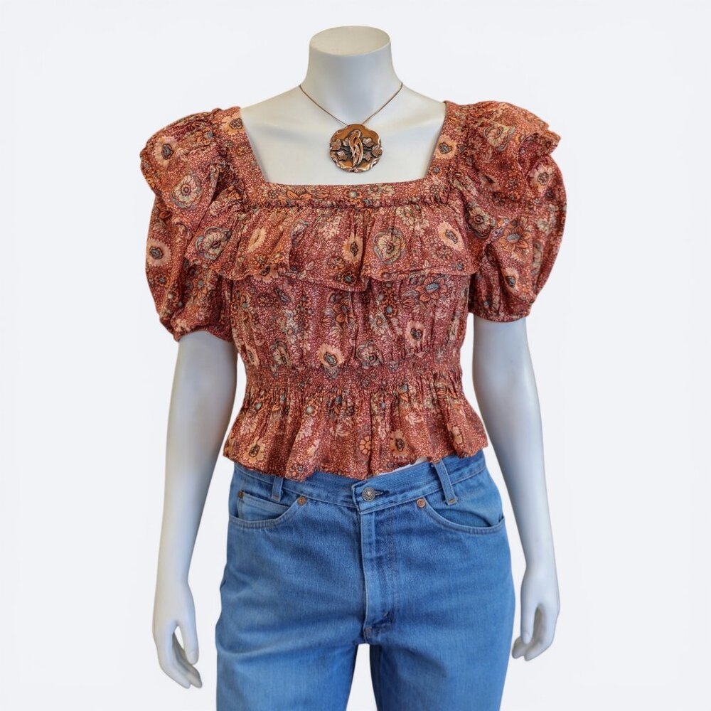 Ulla Johnson Juniper Boho Floral Puff Sleeve Peplum Blouse 8